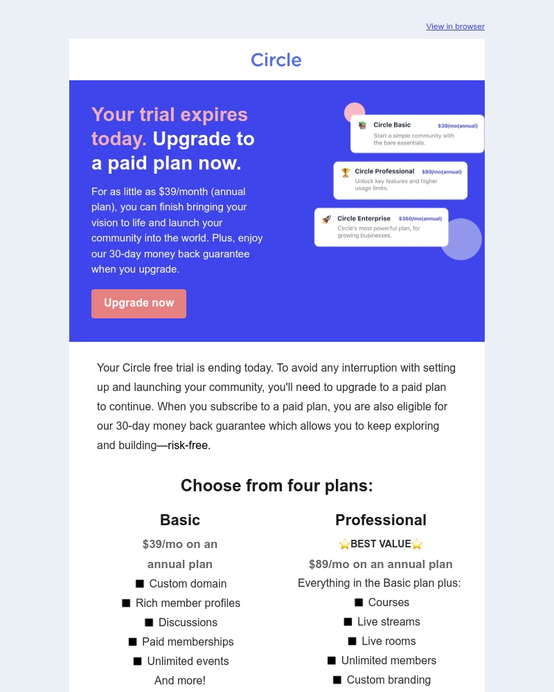 Circle - Your Circle trial expires today. Upgrade to a paid plan to keep building.