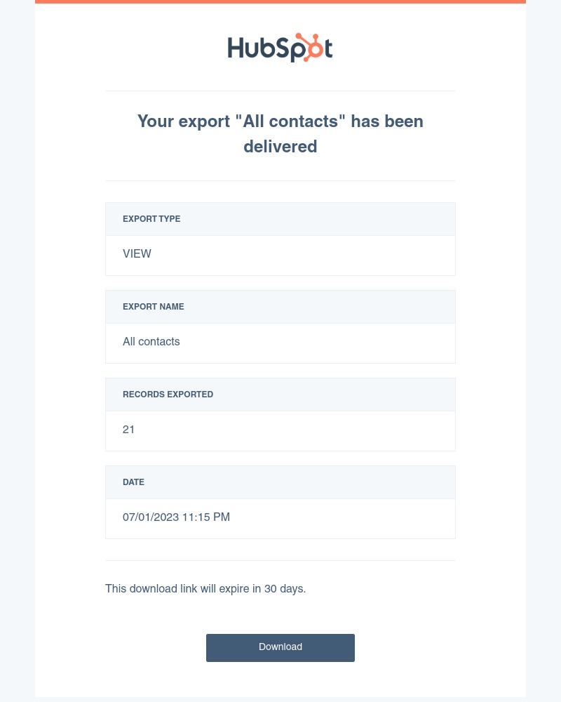 HubSpot CRM - Your export "All contacts" has been delivered