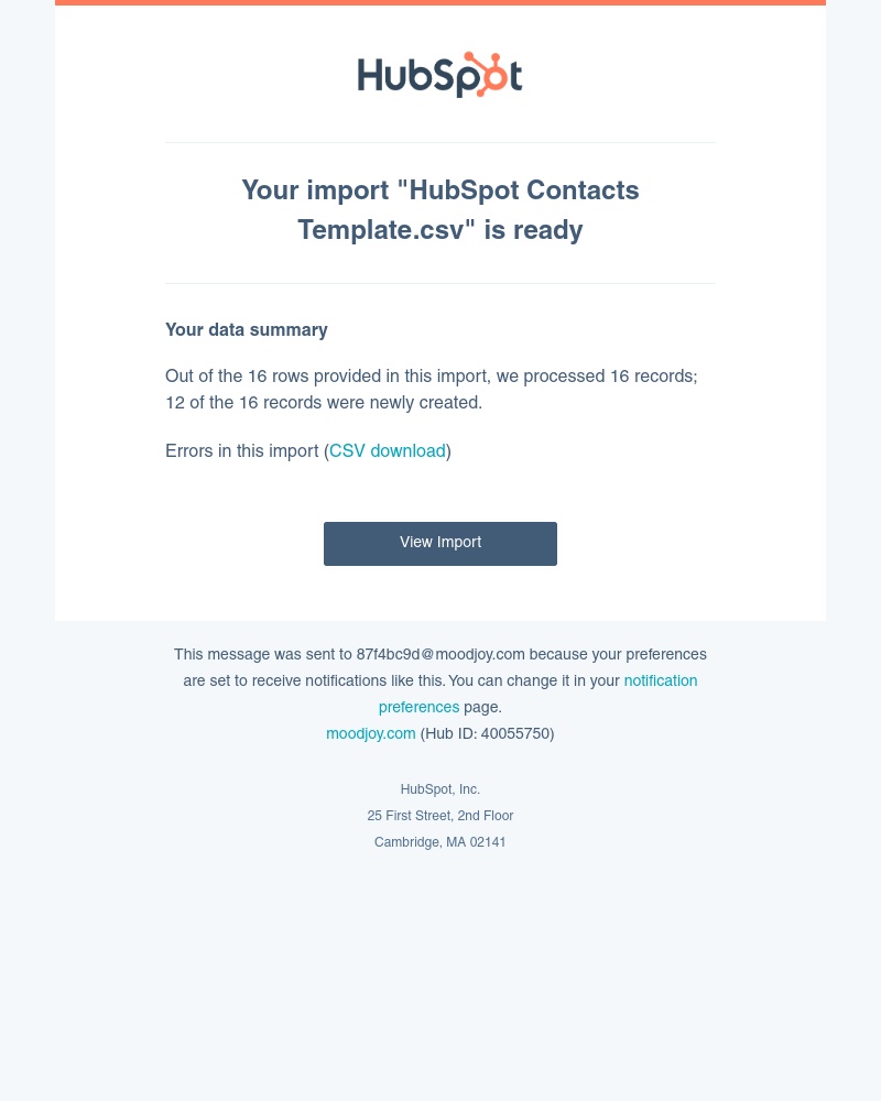 HubSpot CRM - Your import "HubSpot Contacts Template.csv" is ready