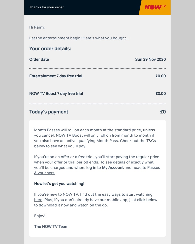 Now TV - Your NOW TV receipt
