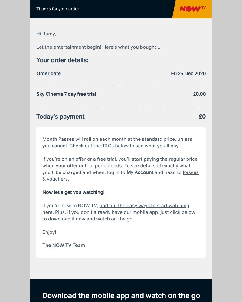 Now TV - Your NOW TV receipt