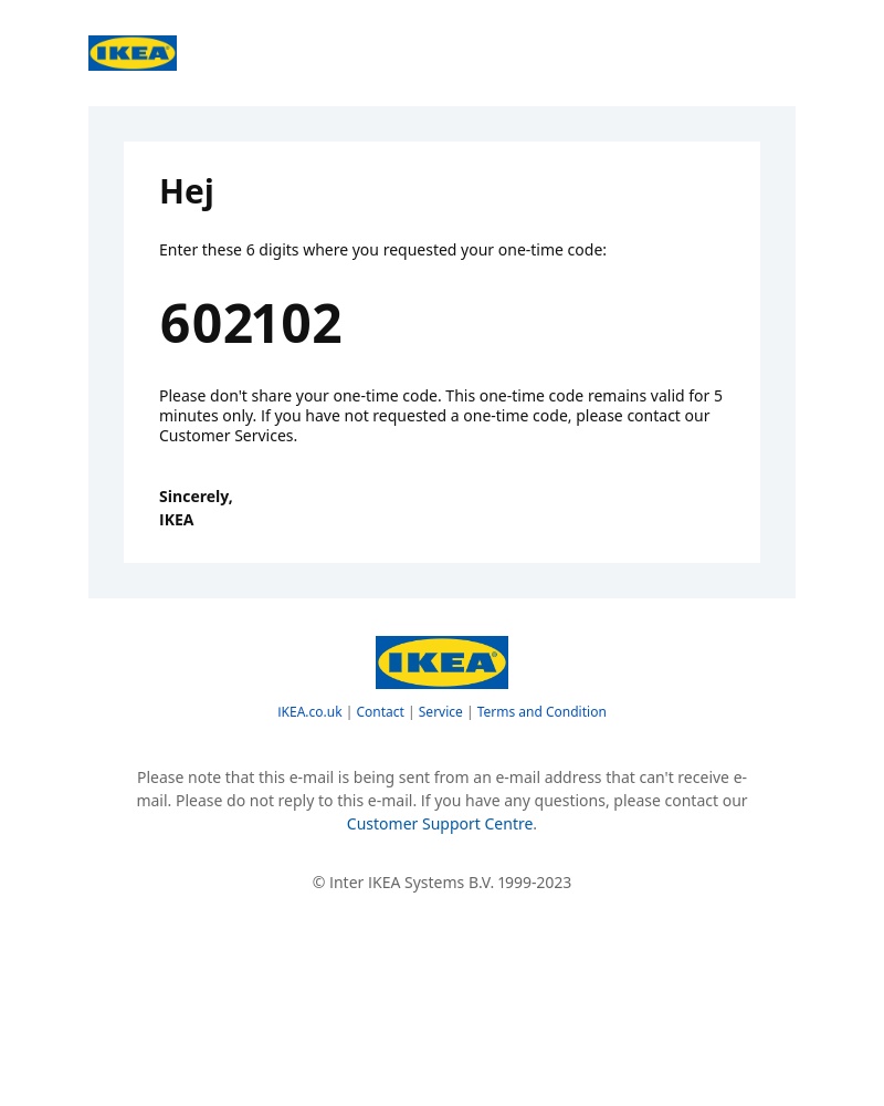 IKEA - Your one-time code to access your IKEA account