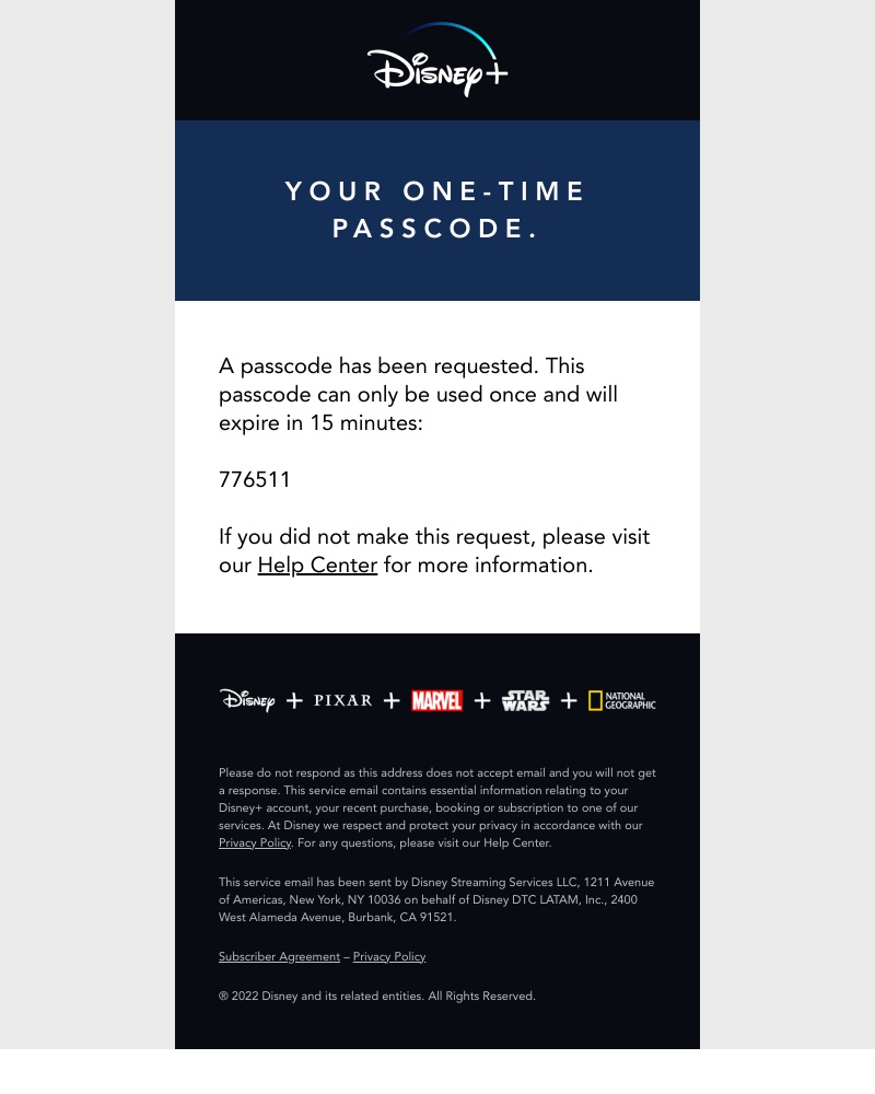 Disney+ - Your one-time passcode