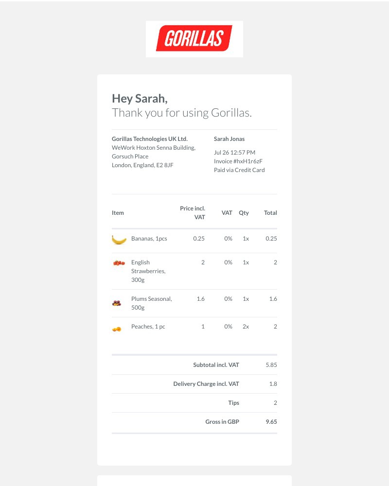 Gorillas - Your order receipt