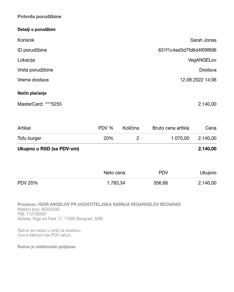 Wolt - Your order’s confirmed: VegANGELov 12.09.2022