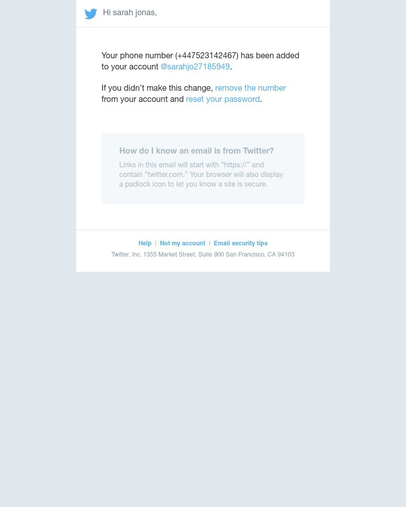 Twitter - Your phone number has been added to your account