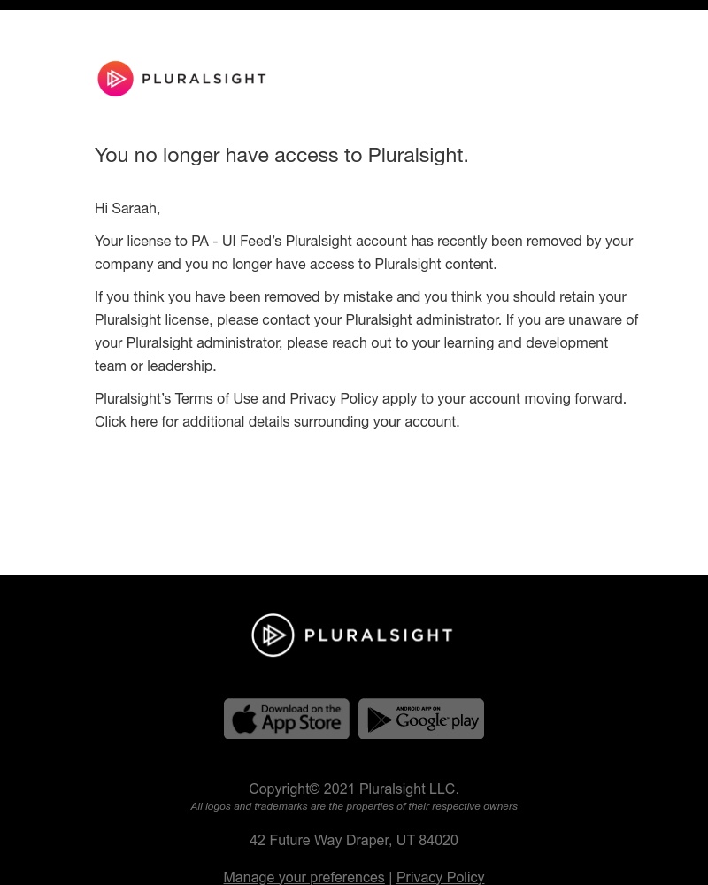 Pluralsight - Your Pluralsight license has been removed