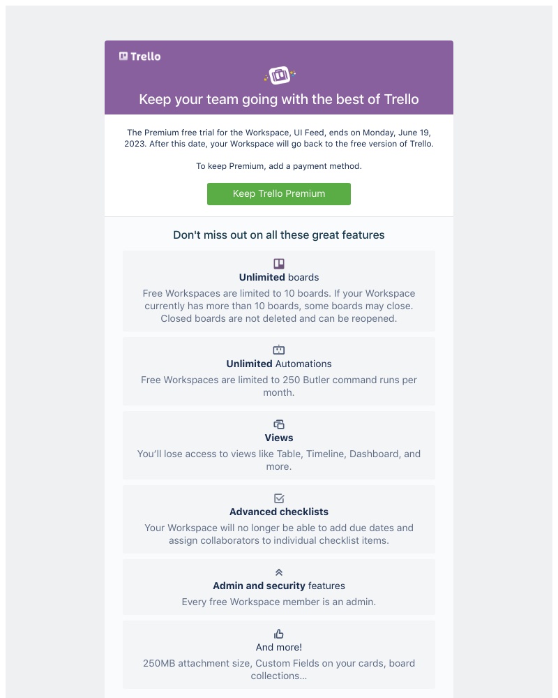 Trello - Your Premium trial is expiring