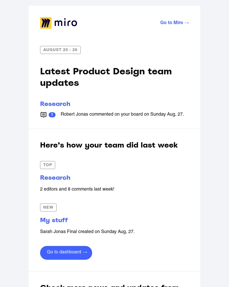 Miro - Your Product Design team highlights last week: 1 unread comment