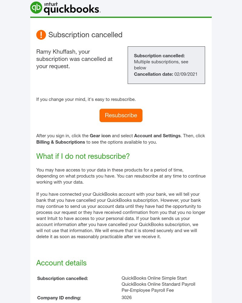 QuickBooks - Your QuickBooks subscription was cancelled