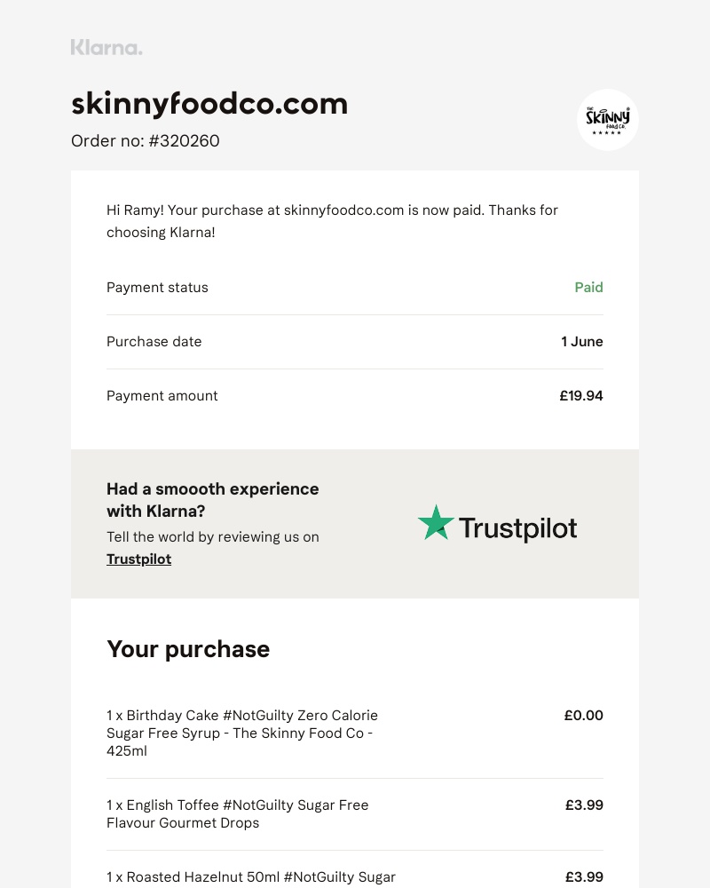 Klarna - Your skinnyfoodco.com purchase is now paid!