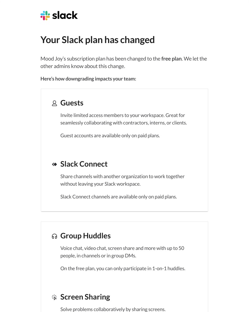 Slack - Your Slack plan for Mood Joy has changed