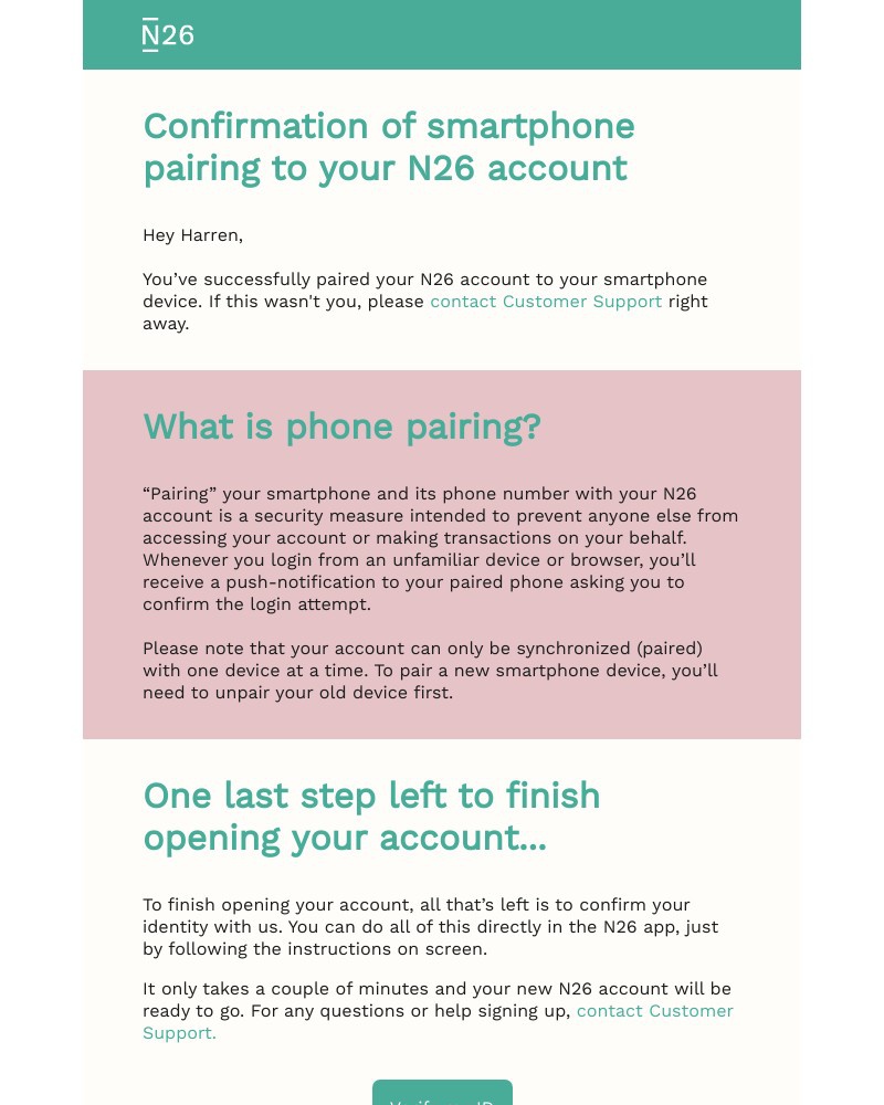 N26 - Your smartphone has been paired with your N26 account