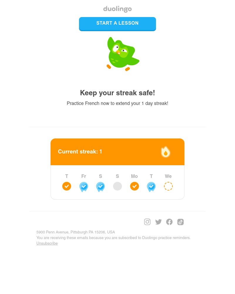Duolingo - Your streak was frozen yesterday. Protect your streak by practicing today!