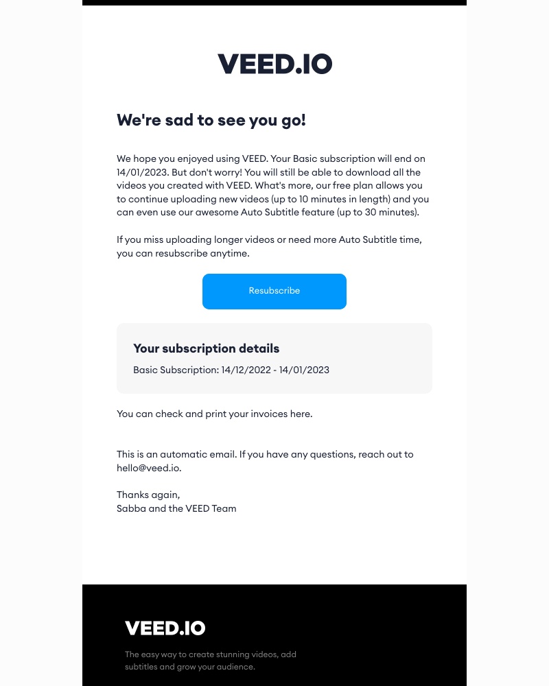VEED.IO - Your subscription has been cancelled