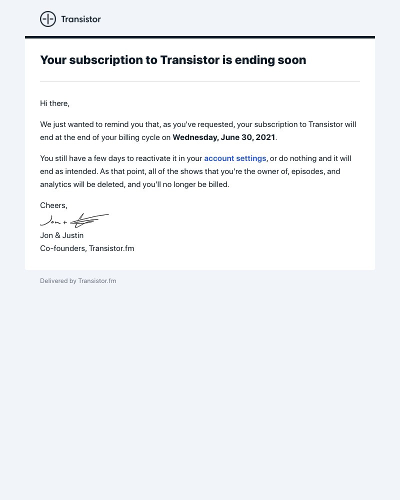 Transistor - ⏰ Your Transistor subscription is set to end soon