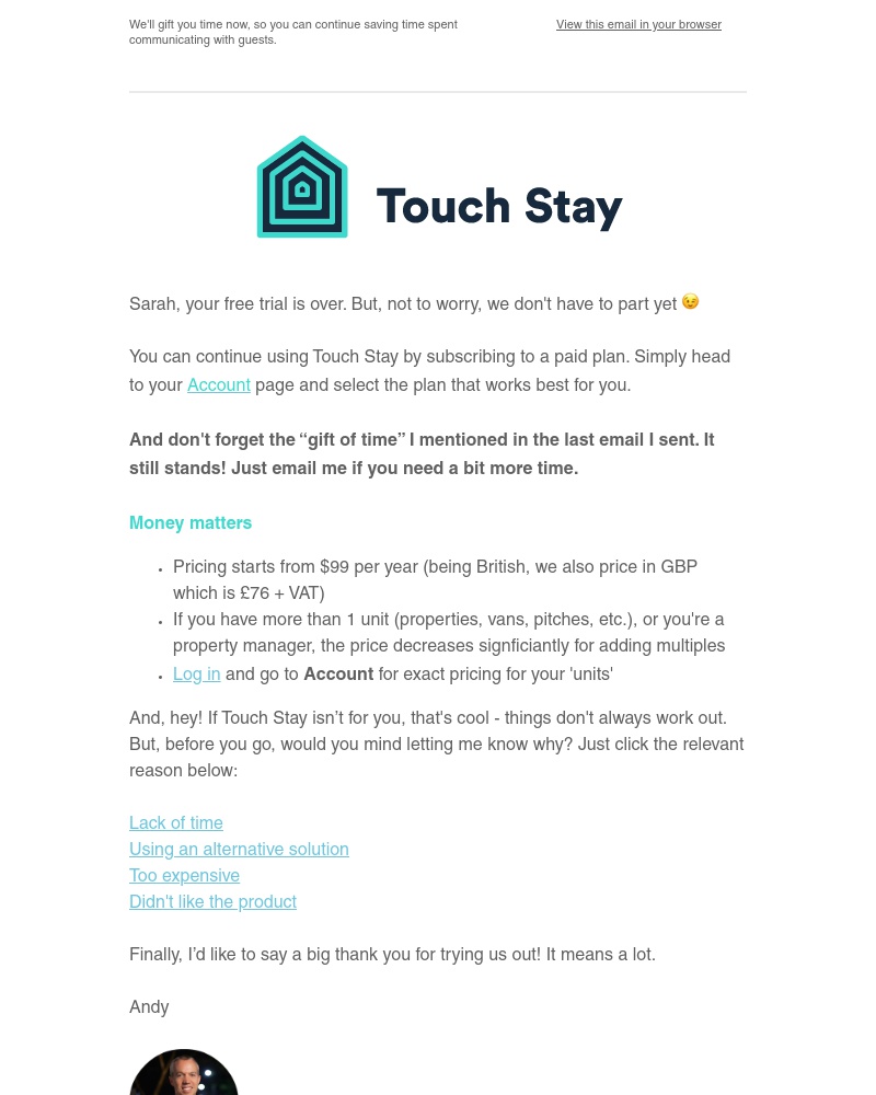 Touch Stay - ⏱ Your trial has ended. Gift of time reminder.