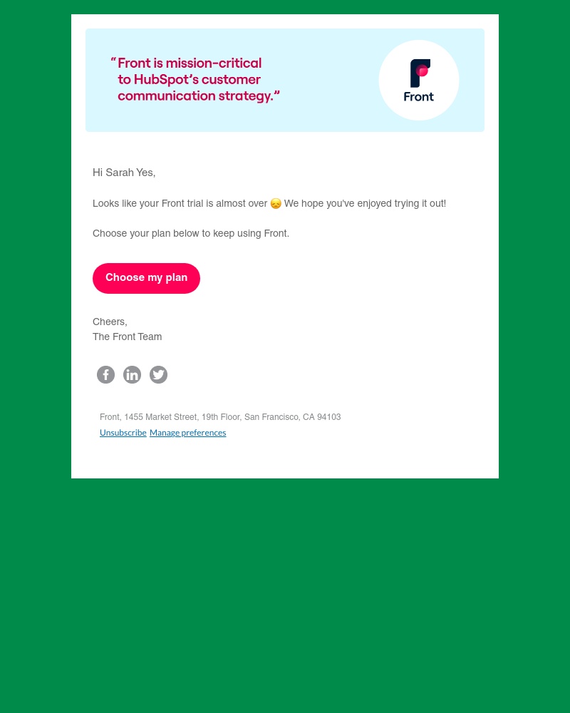 Front - Your trial is almost up! Choose a Front plan