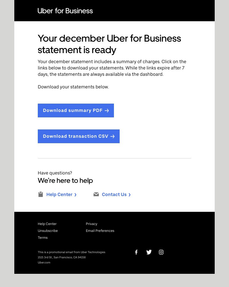 Uber - Your Uber for Business statement for UI Feed