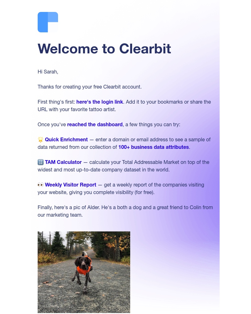 Clearbit - Your very first Clearbit account welcome email (and a pic of Alder)