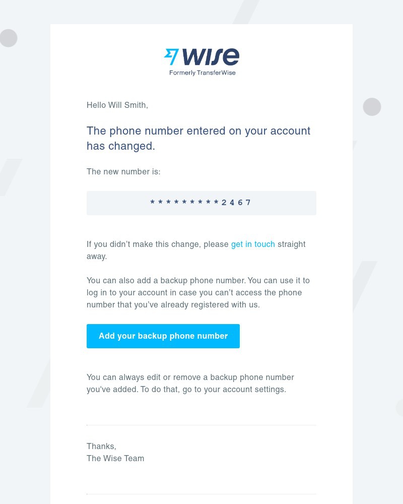 Wise - Your Wise phone number has changed.