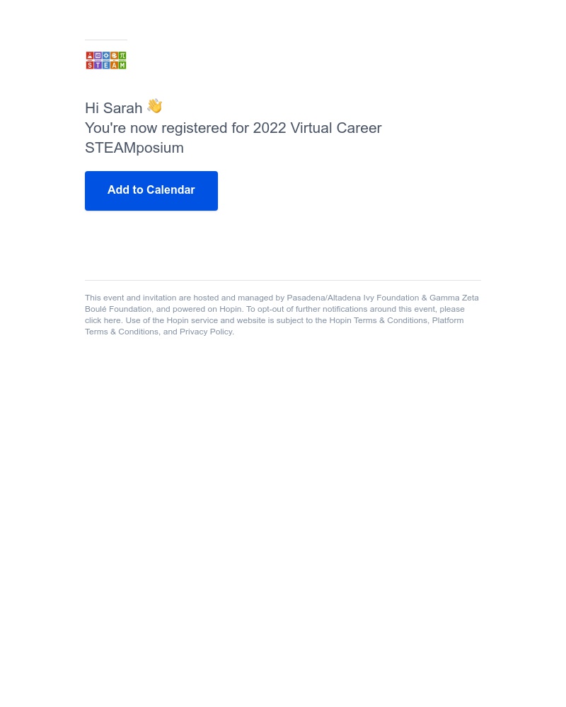 Hopin - You're in! - 2022 Virtual Career STEAMposium