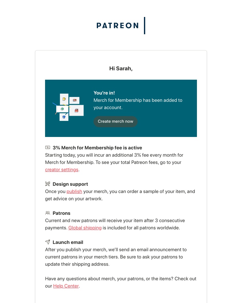 Patreon - You're in! Merch for Membership confirmation.