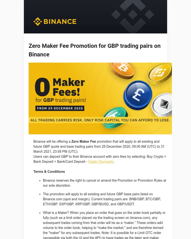 Binance - Zero Maker Fee Promotion for GBP trading pairs on Binance