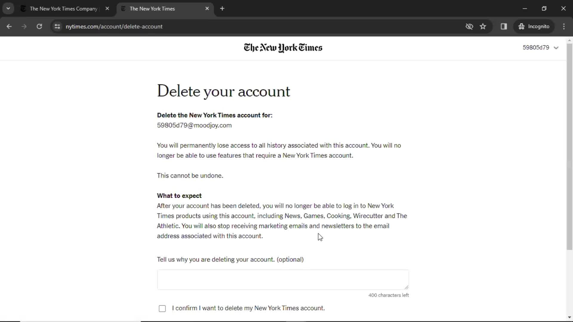 The New York Times delete account screenshot