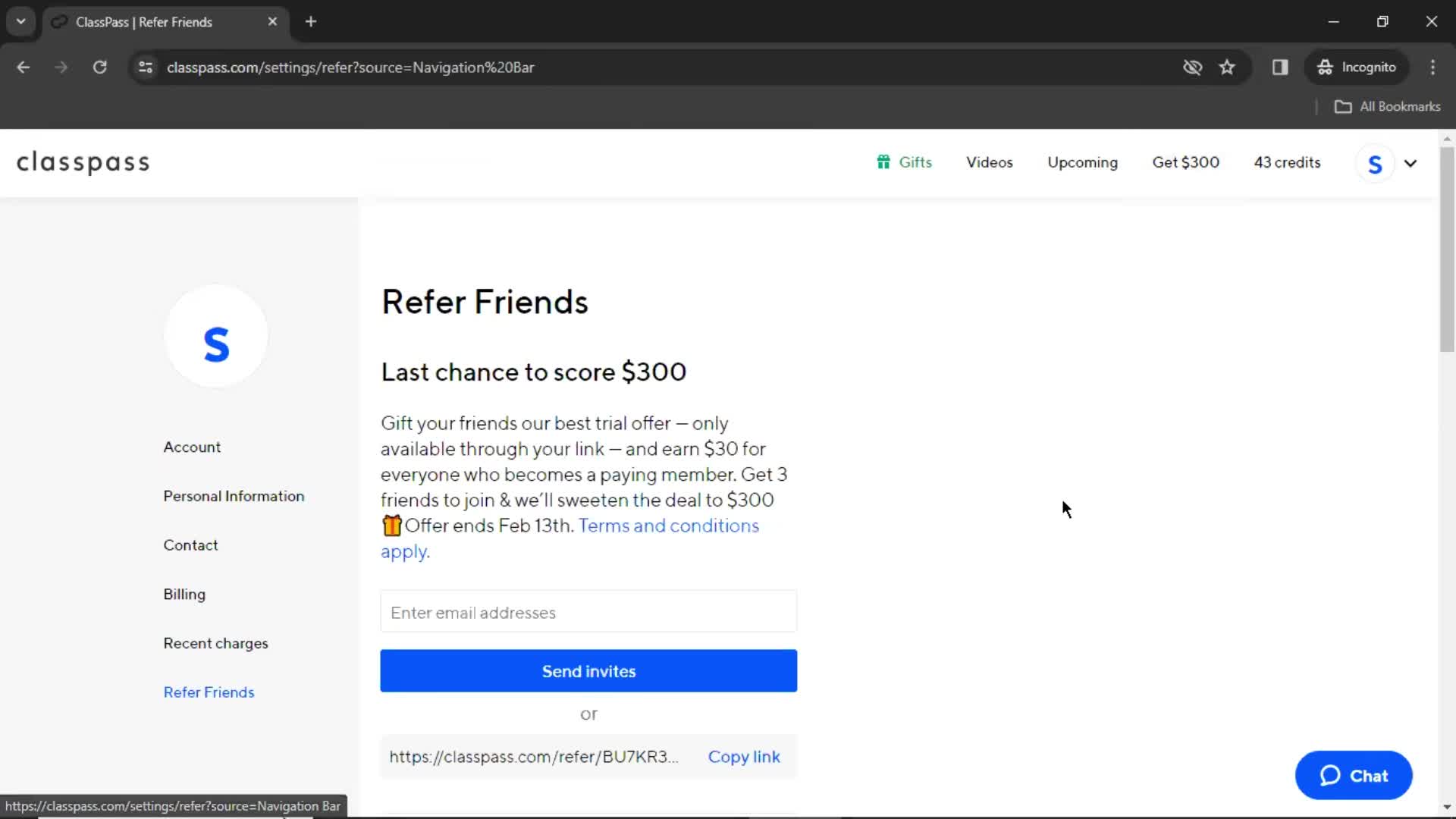 ClassPass invite friends screenshot