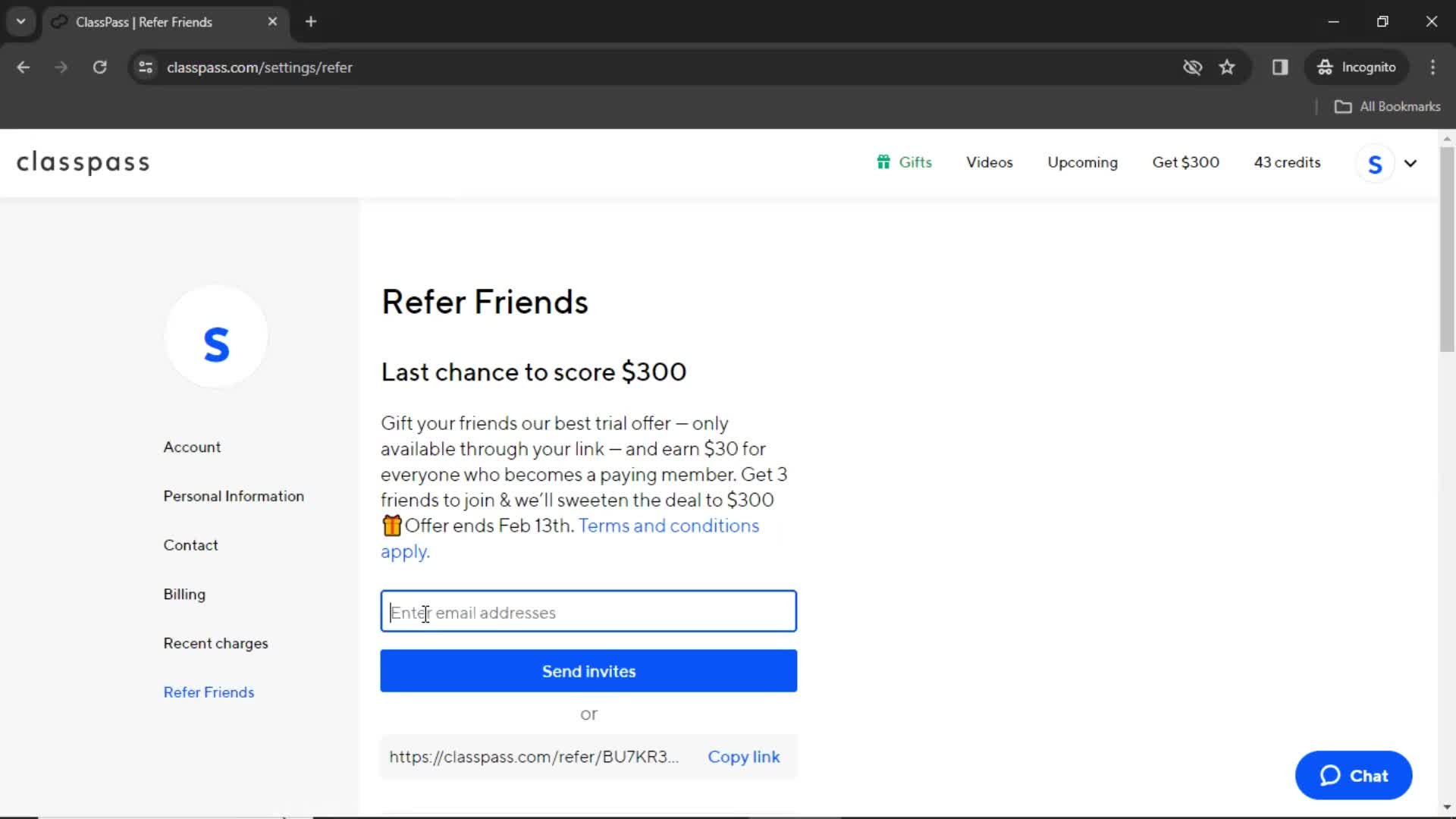 ClassPass invite friends screenshot