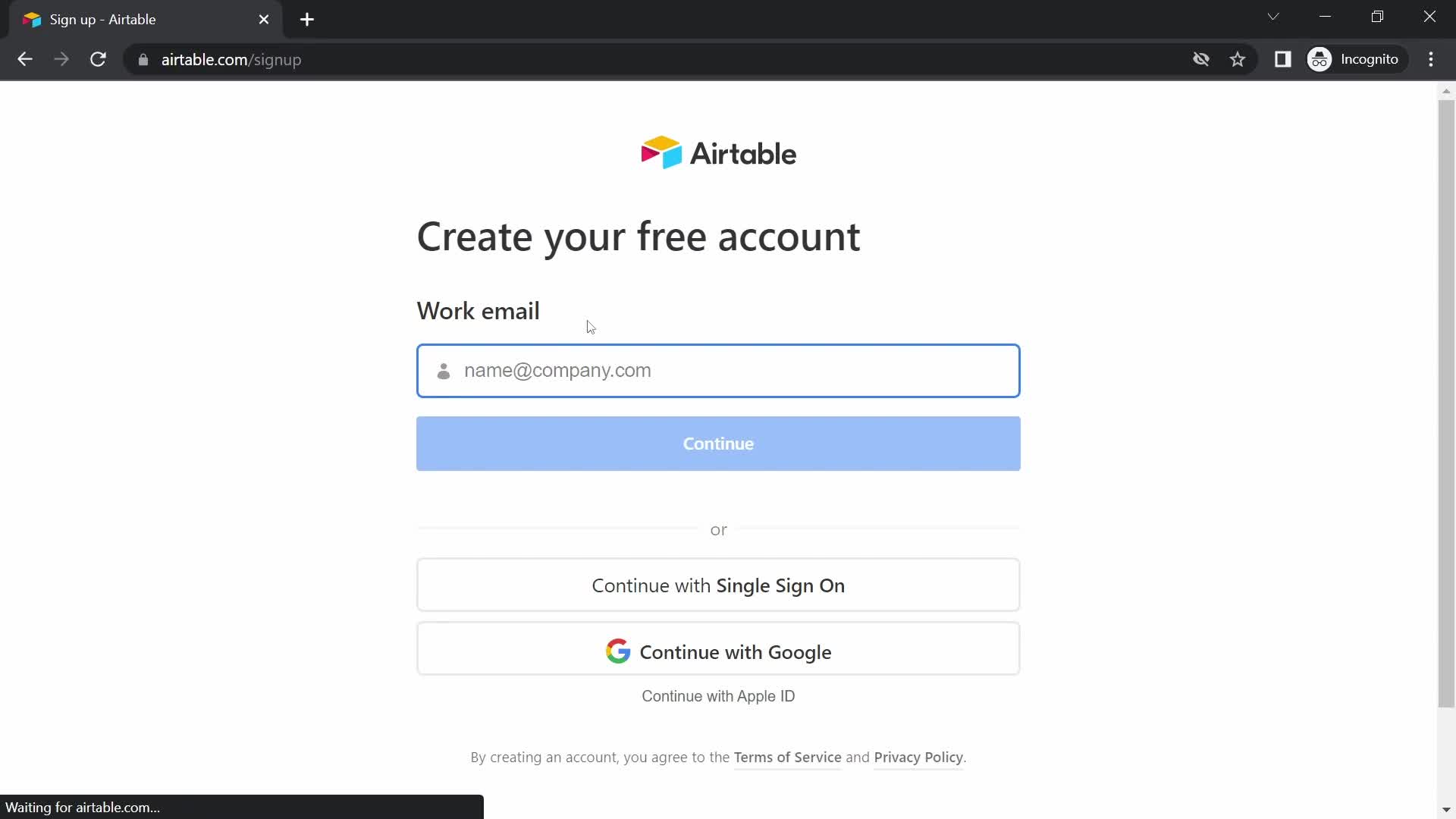 Airtable sign up screenshot