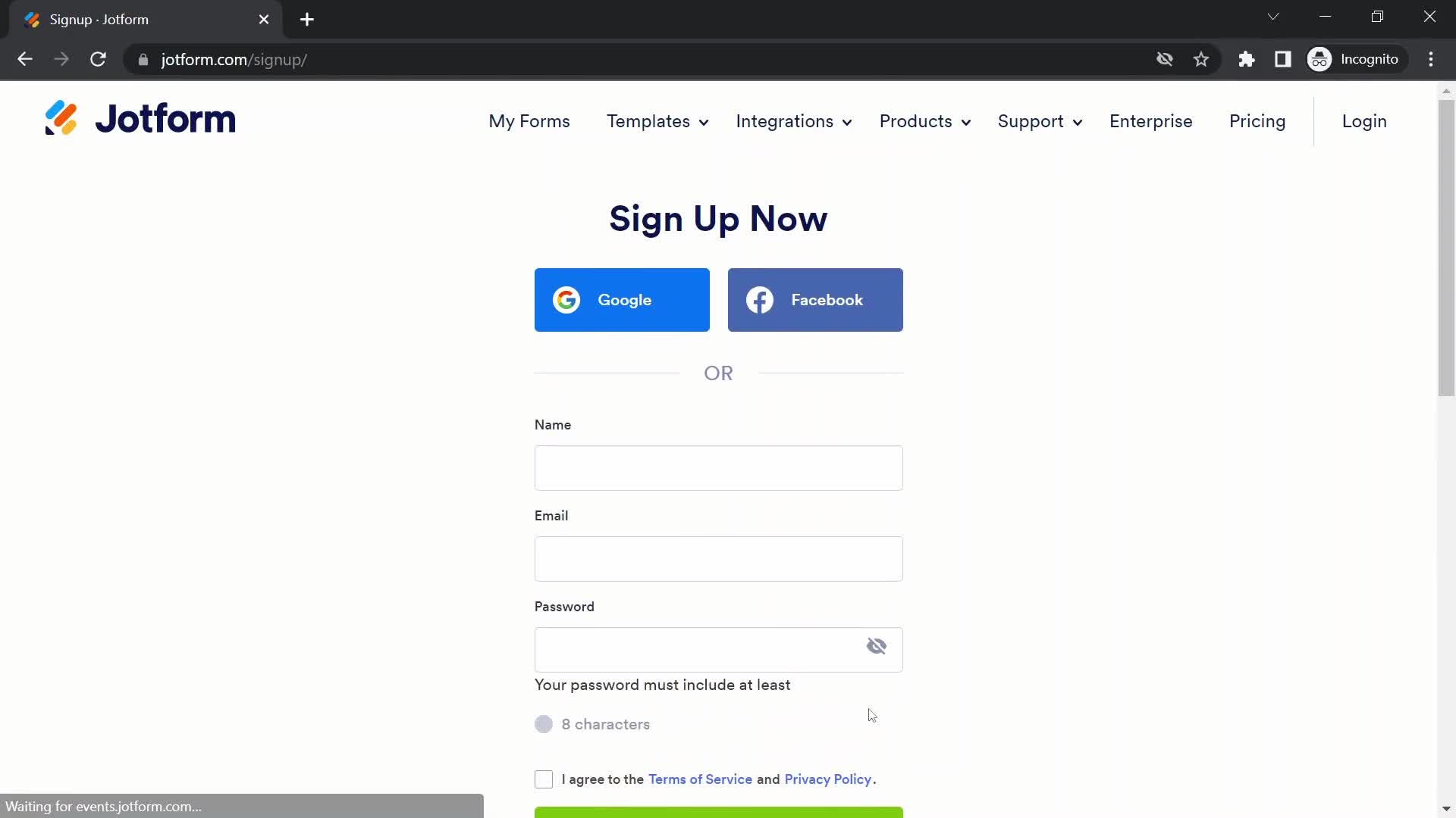 Jotform sign up screenshot