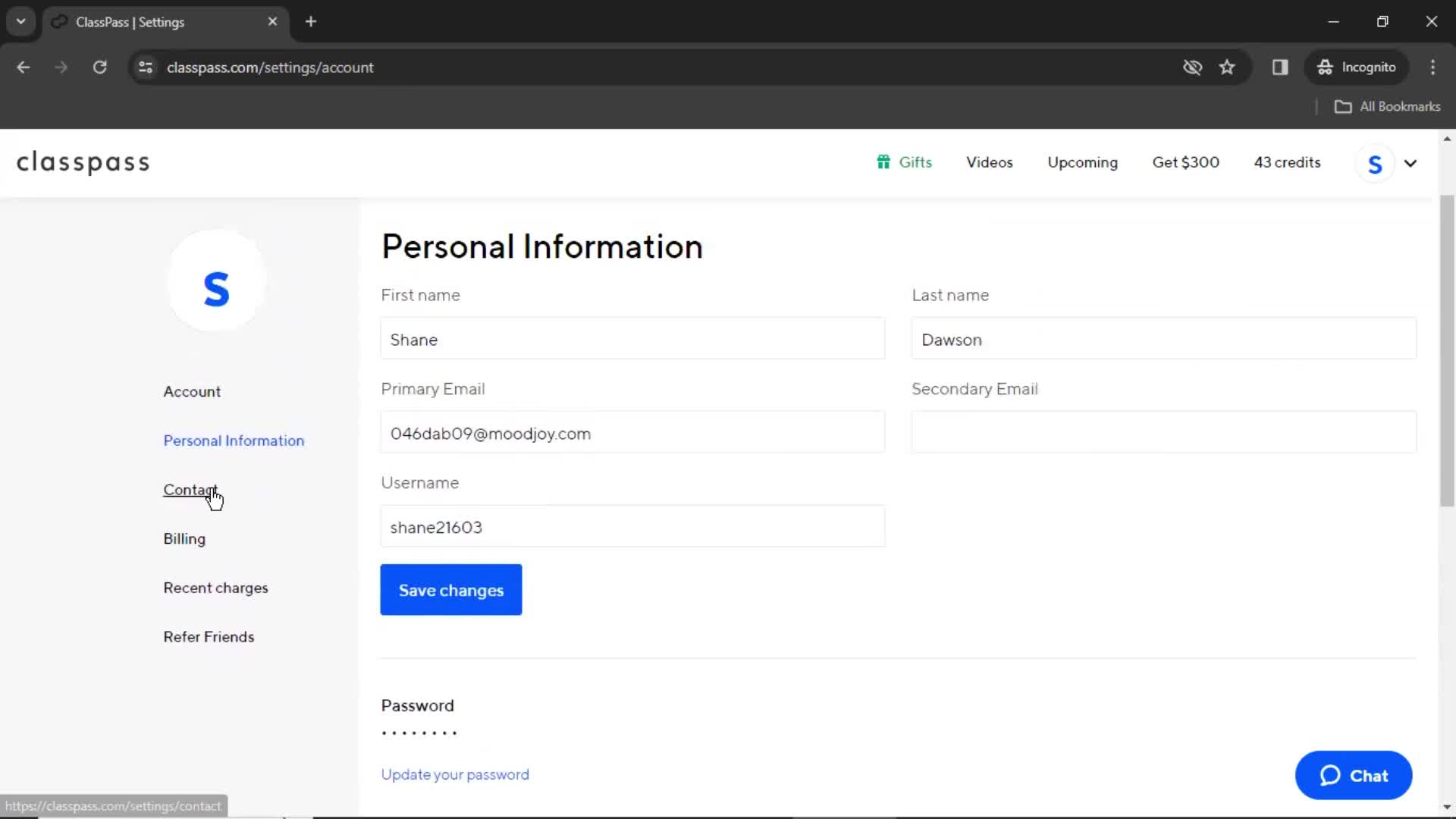 ClassPass add personal info screenshot