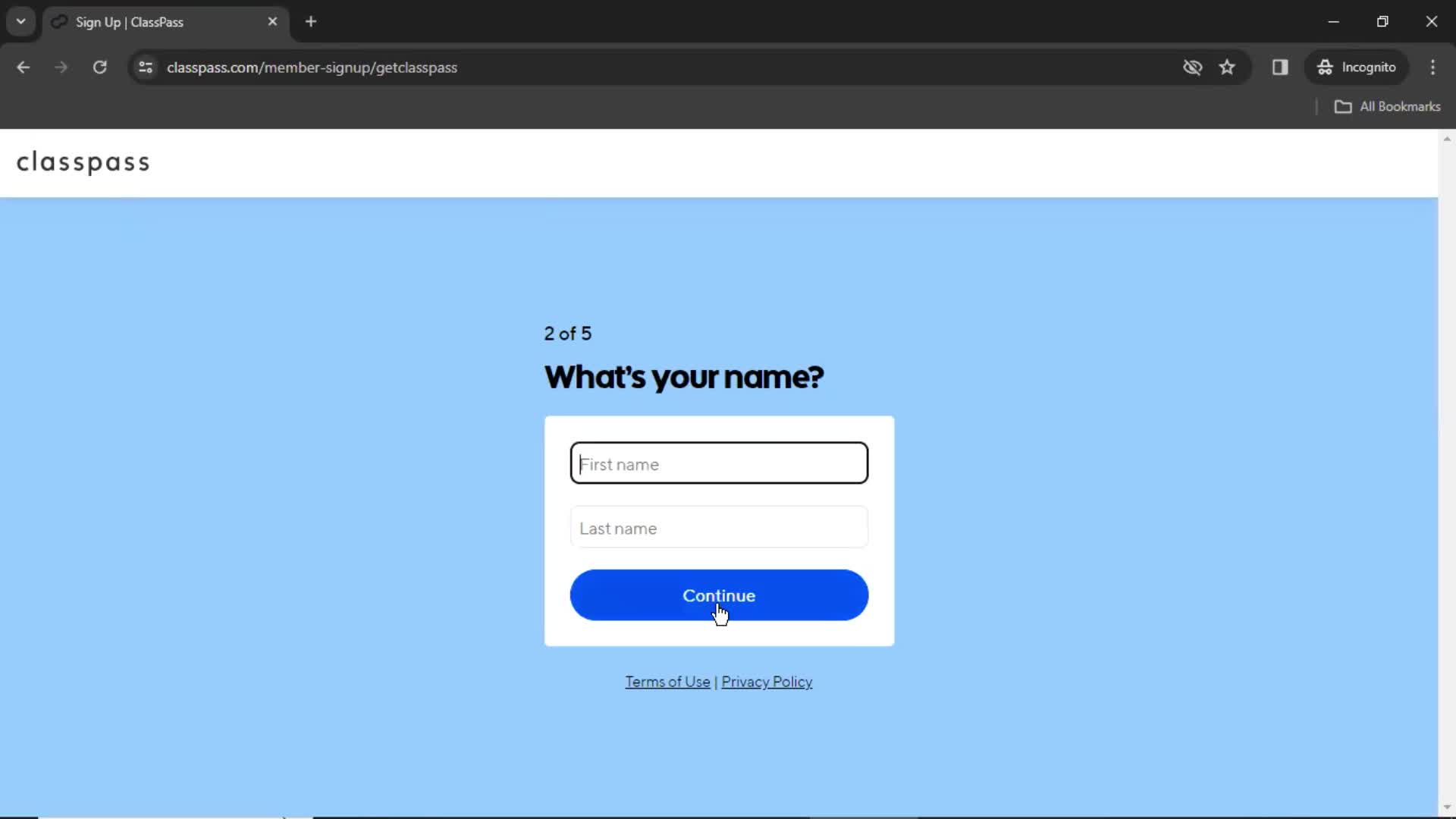 ClassPass enter name screenshot