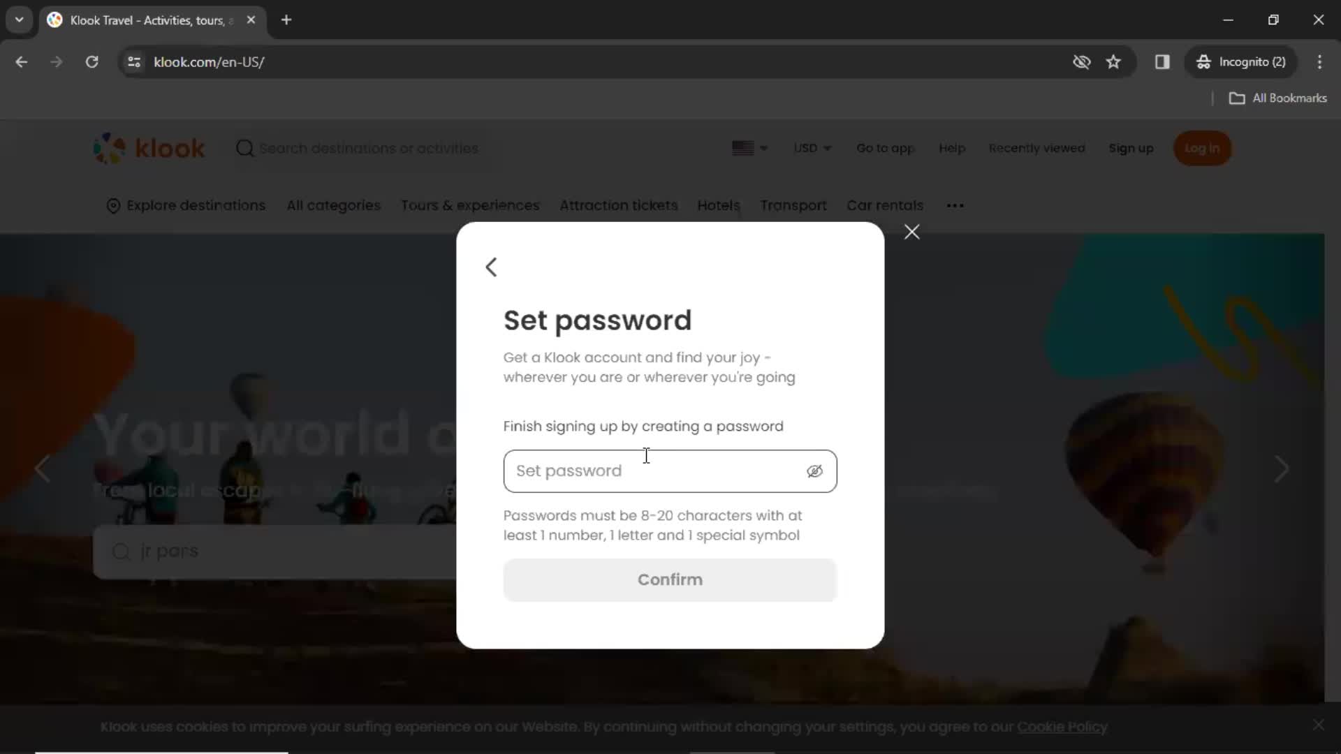 Klook set password screenshot