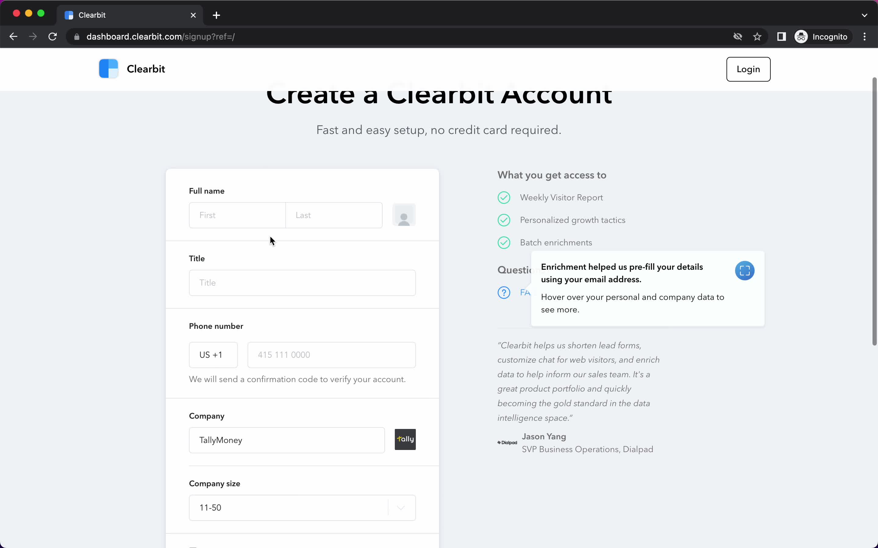 Clearbit create account screenshot