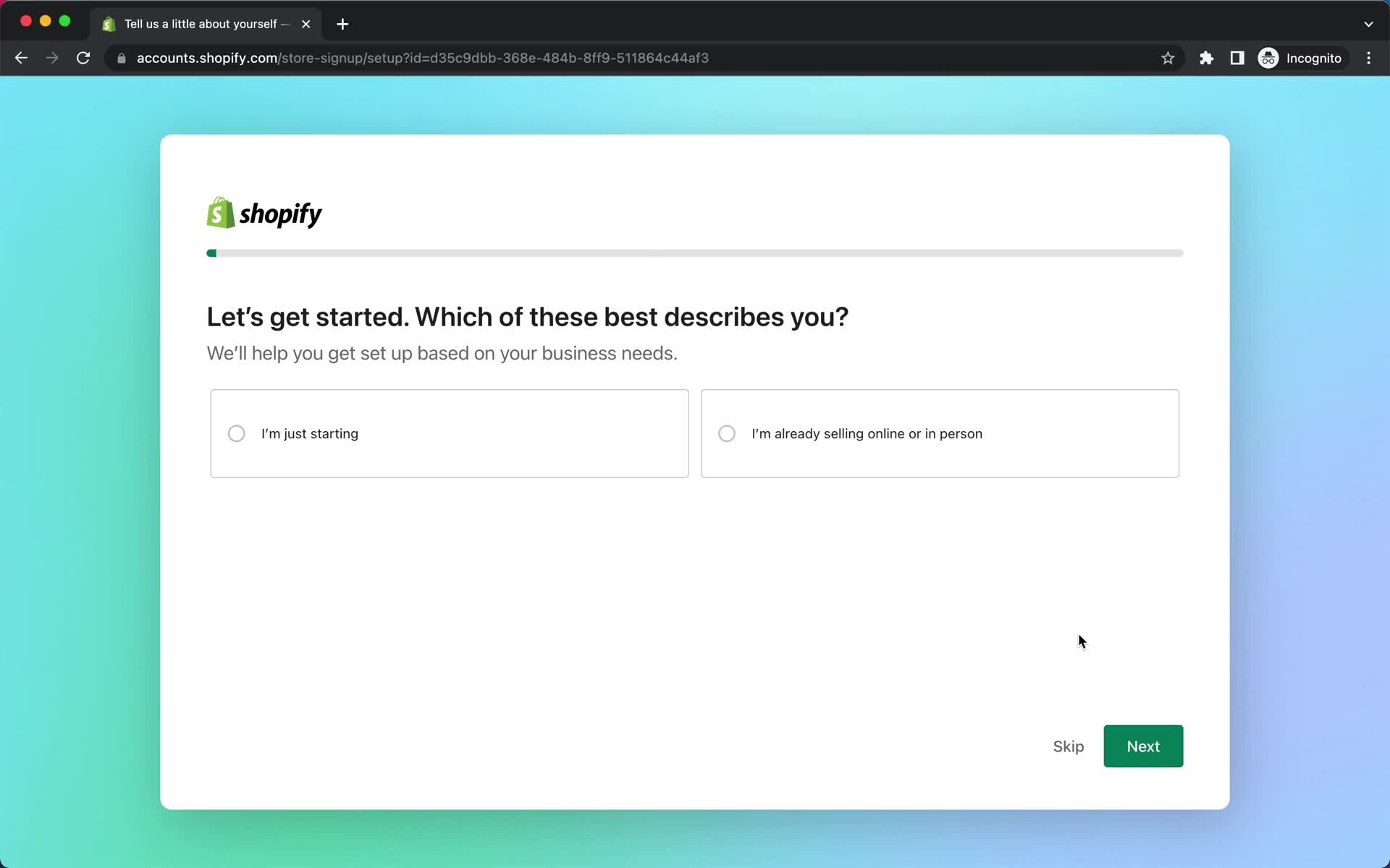Shopify onboarding question screenshot