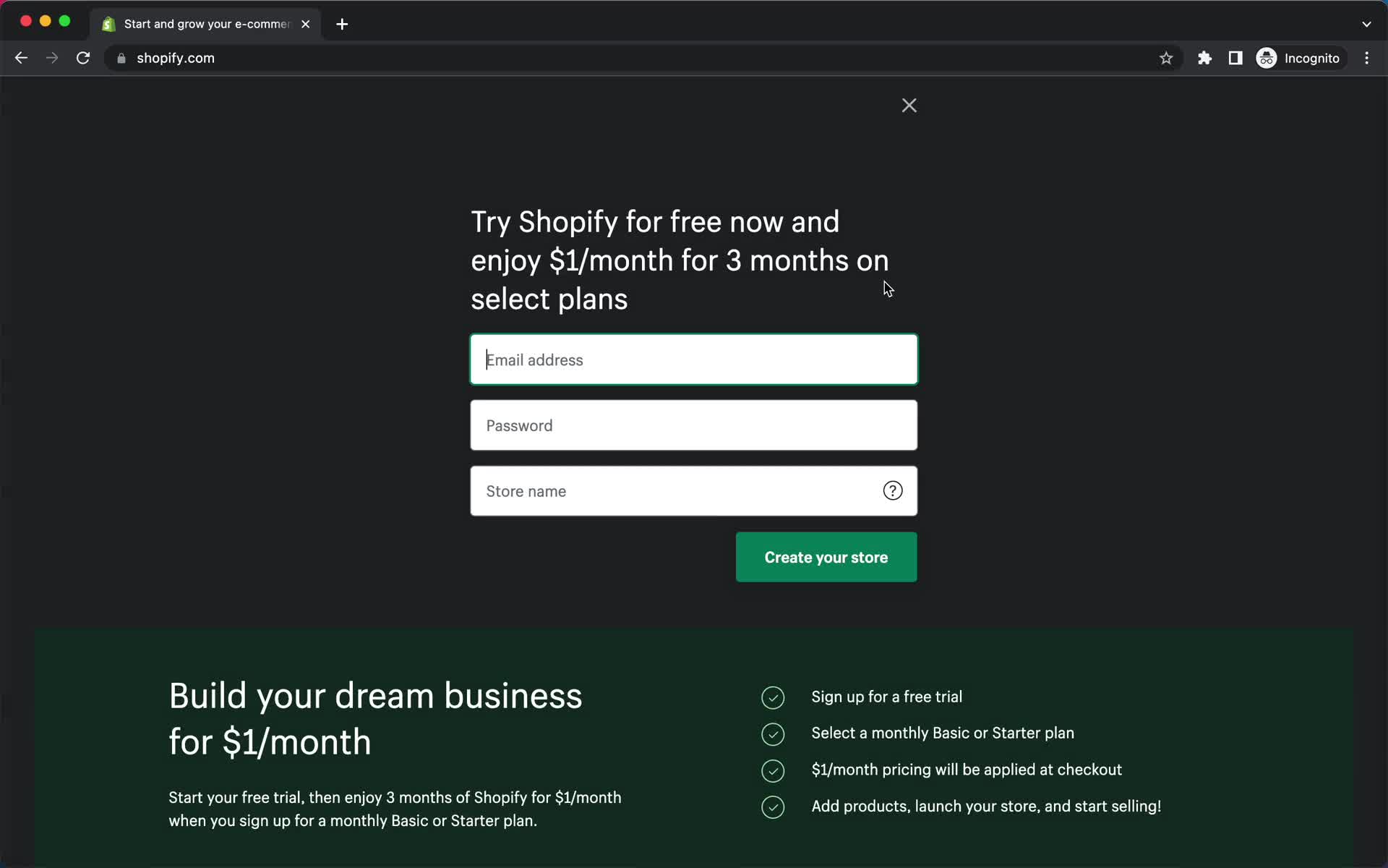 Shopify sign up screenshot