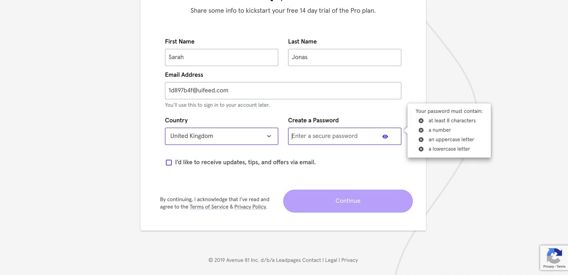Leadpages sign up screenshot