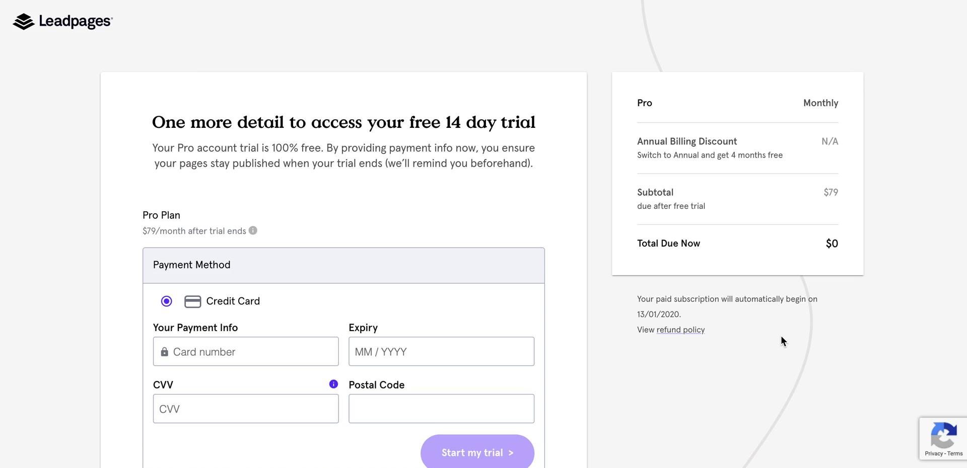 Leadpages add payment details screenshot