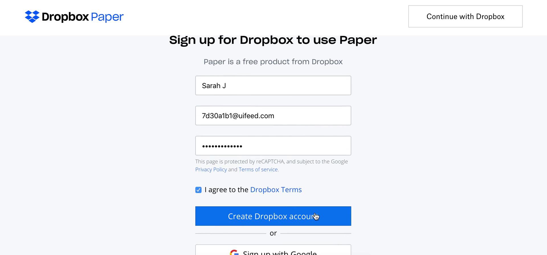 Dropbox Paper sign up screenshot