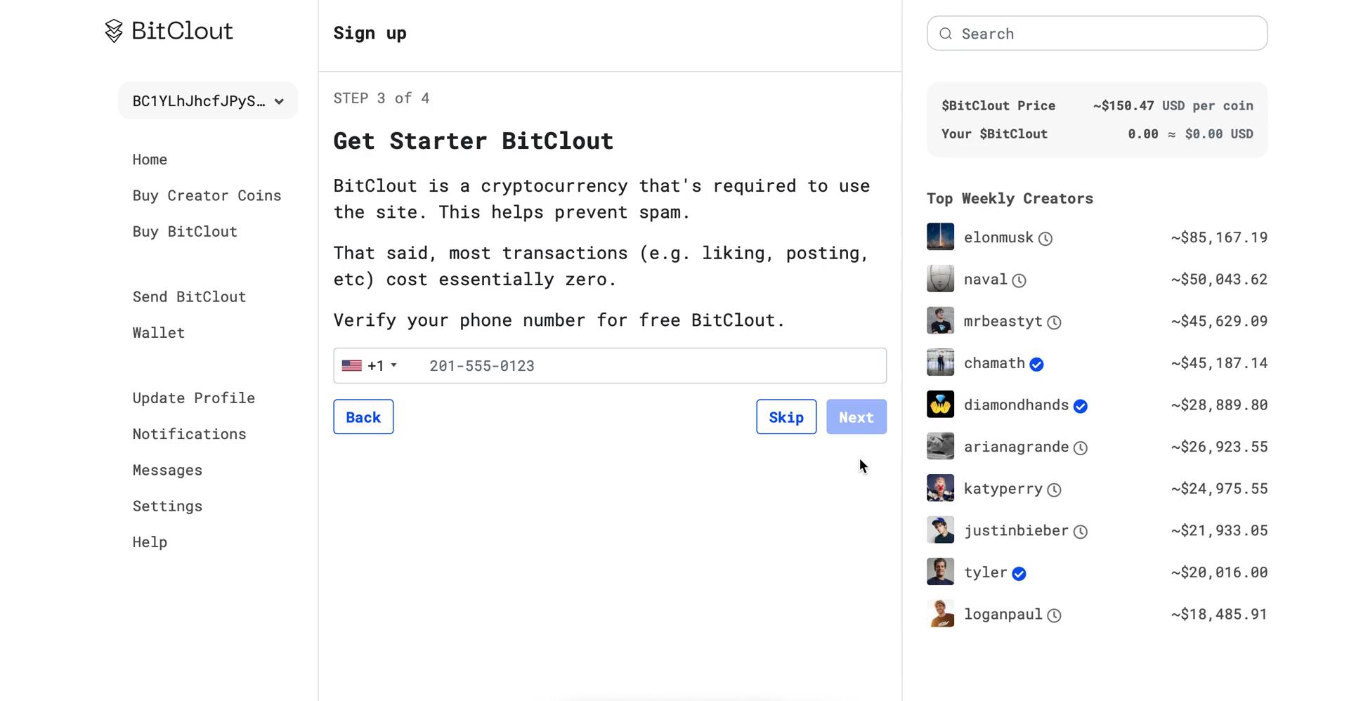 BitClout enter phone number screenshot