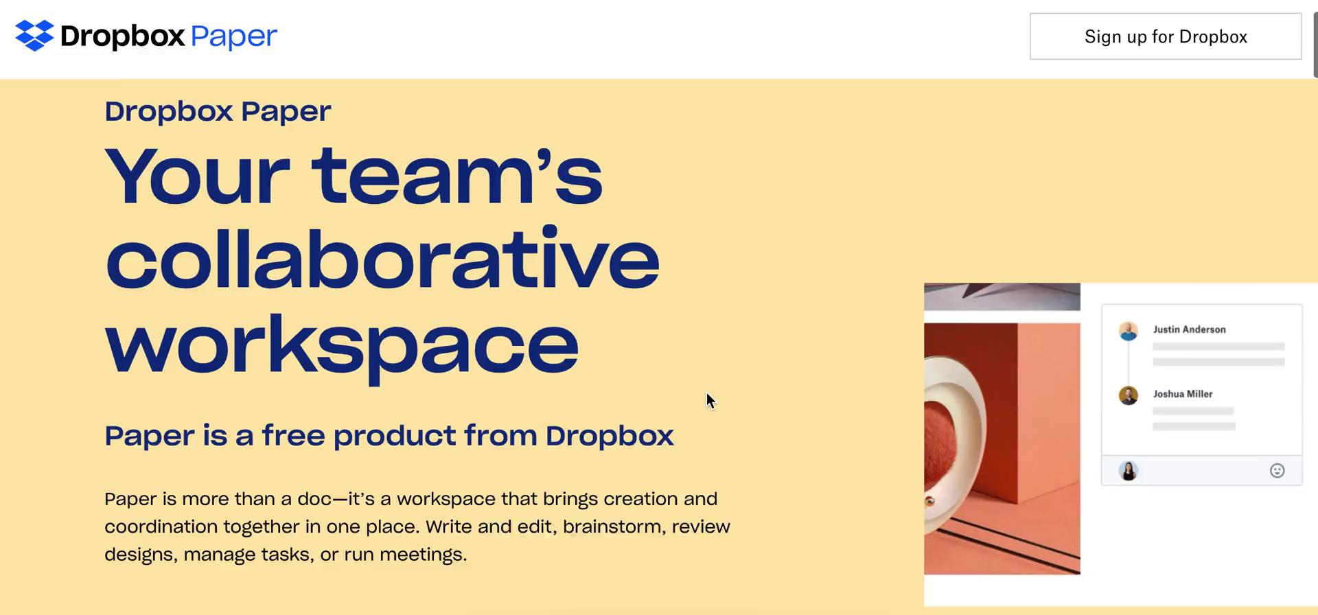 Dropbox Paper homepage screenshot