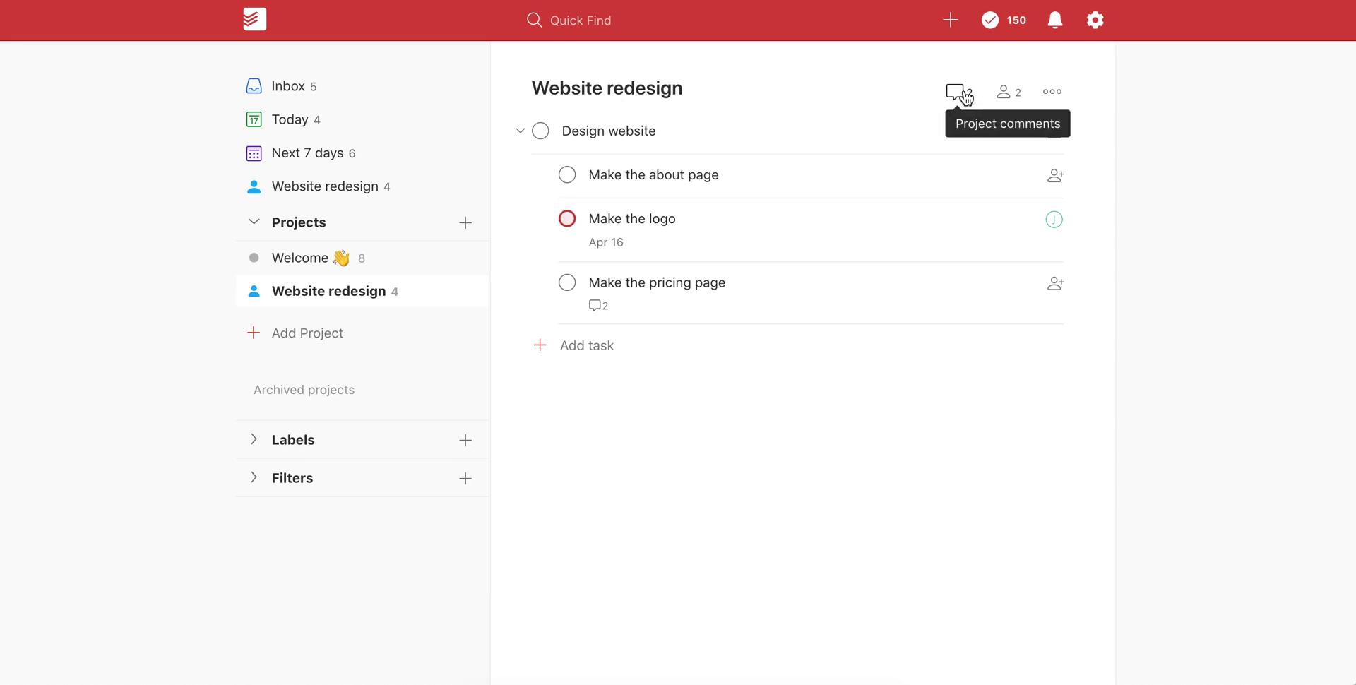 Screenshot of Commenting on Todoist