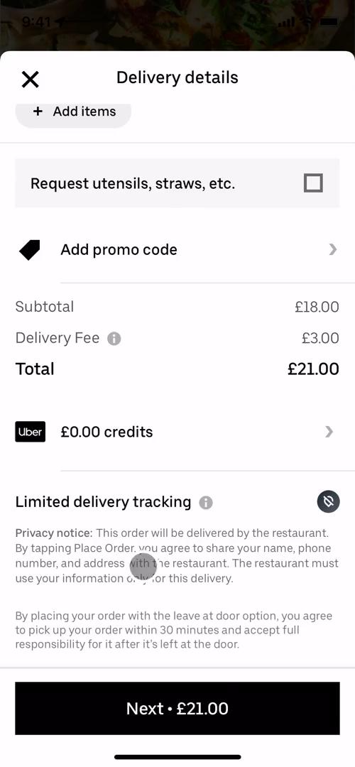 Screenshot of Cancelling an order on Uber Eats