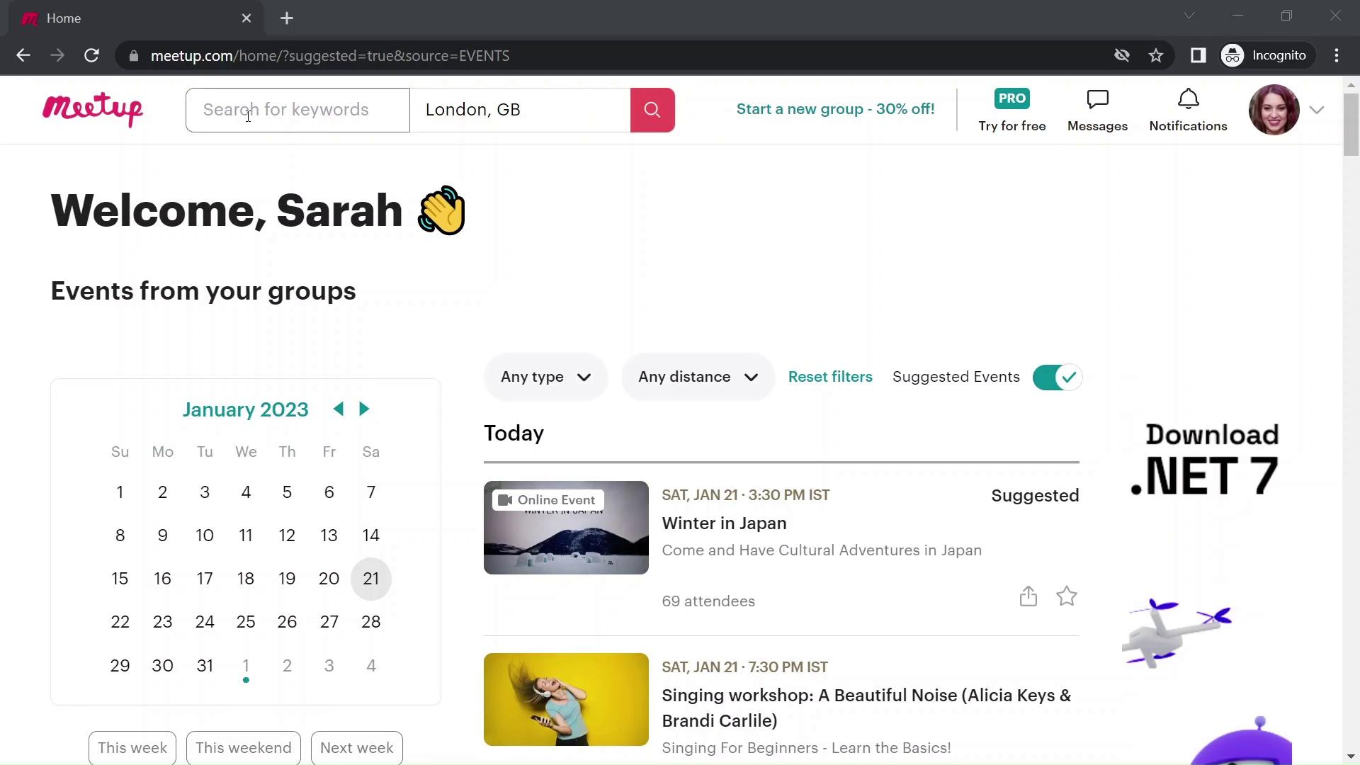 Screenshot of General browsing on Meetup