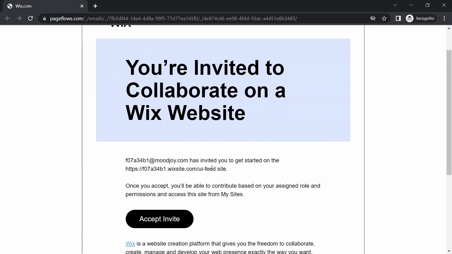 Screenshot of Accepting an invite on Wix
