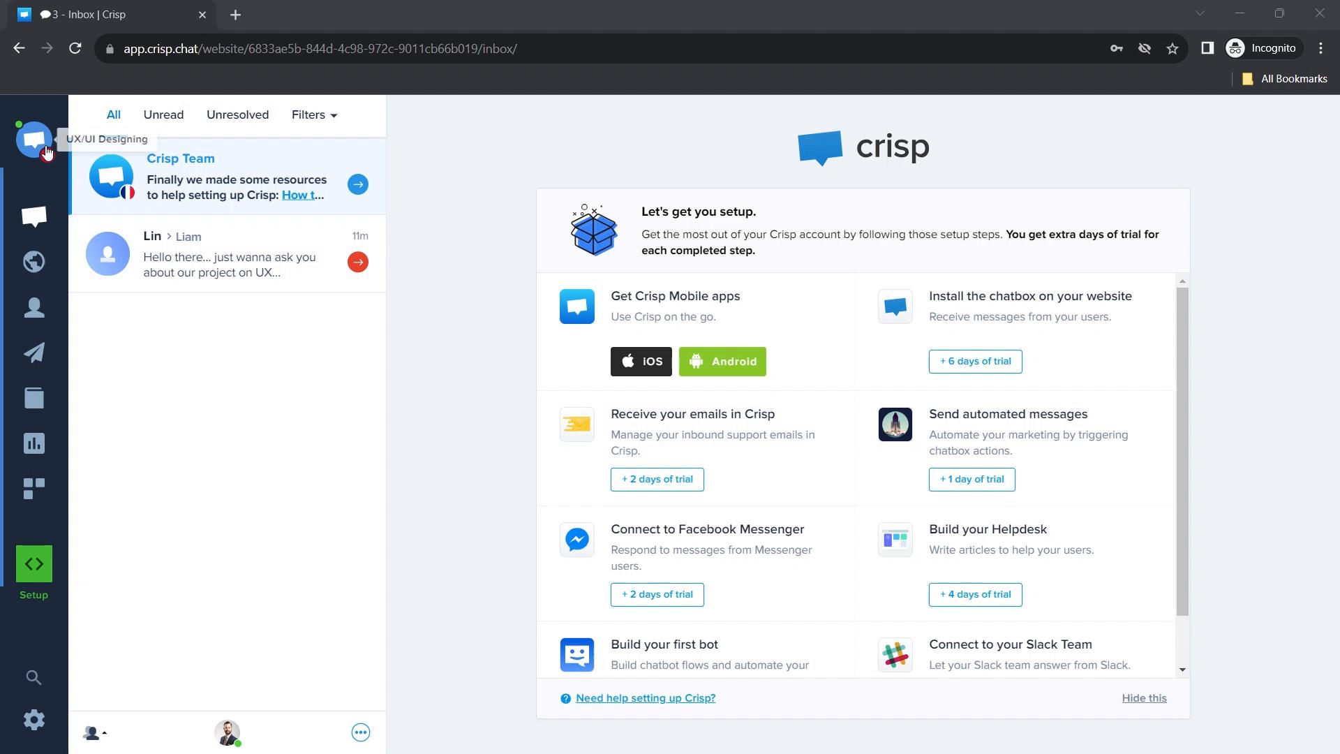 Screenshot of Adding a website on Crisp