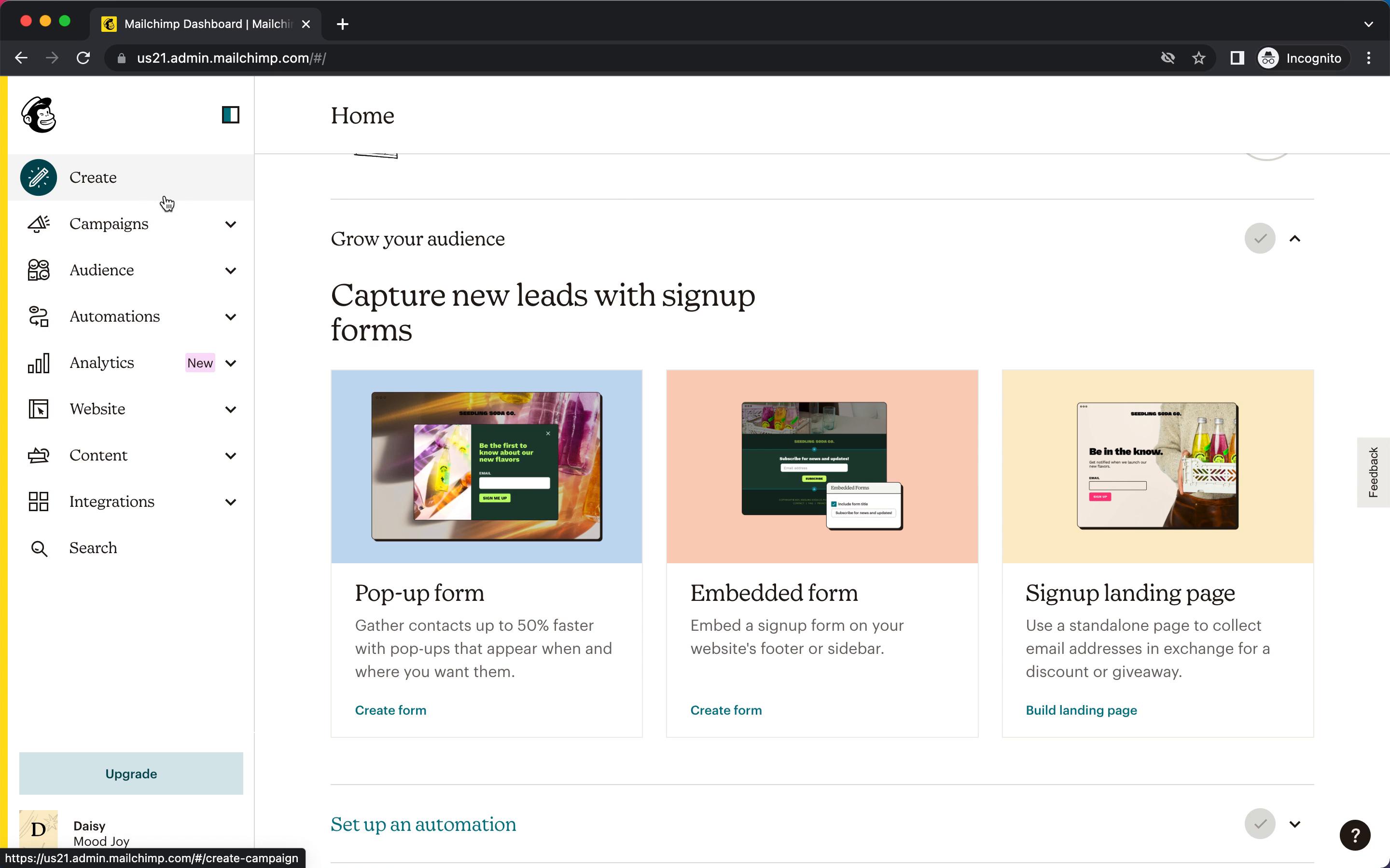 Screenshot of Creating a landing page on Mailchimp